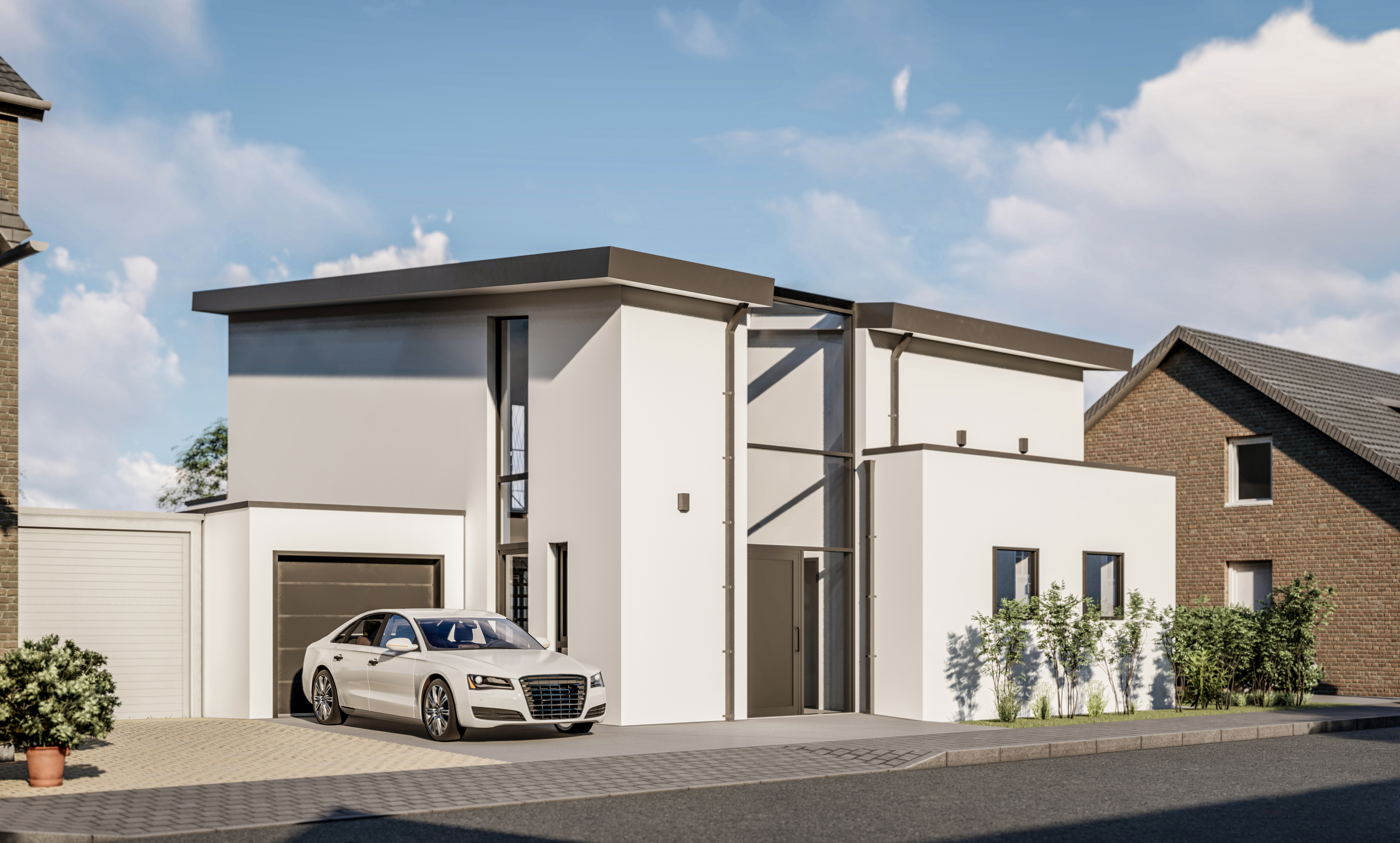 Perspektive von der Straße bei Tag - Neubau eines Einfamilienhauses in Moers.