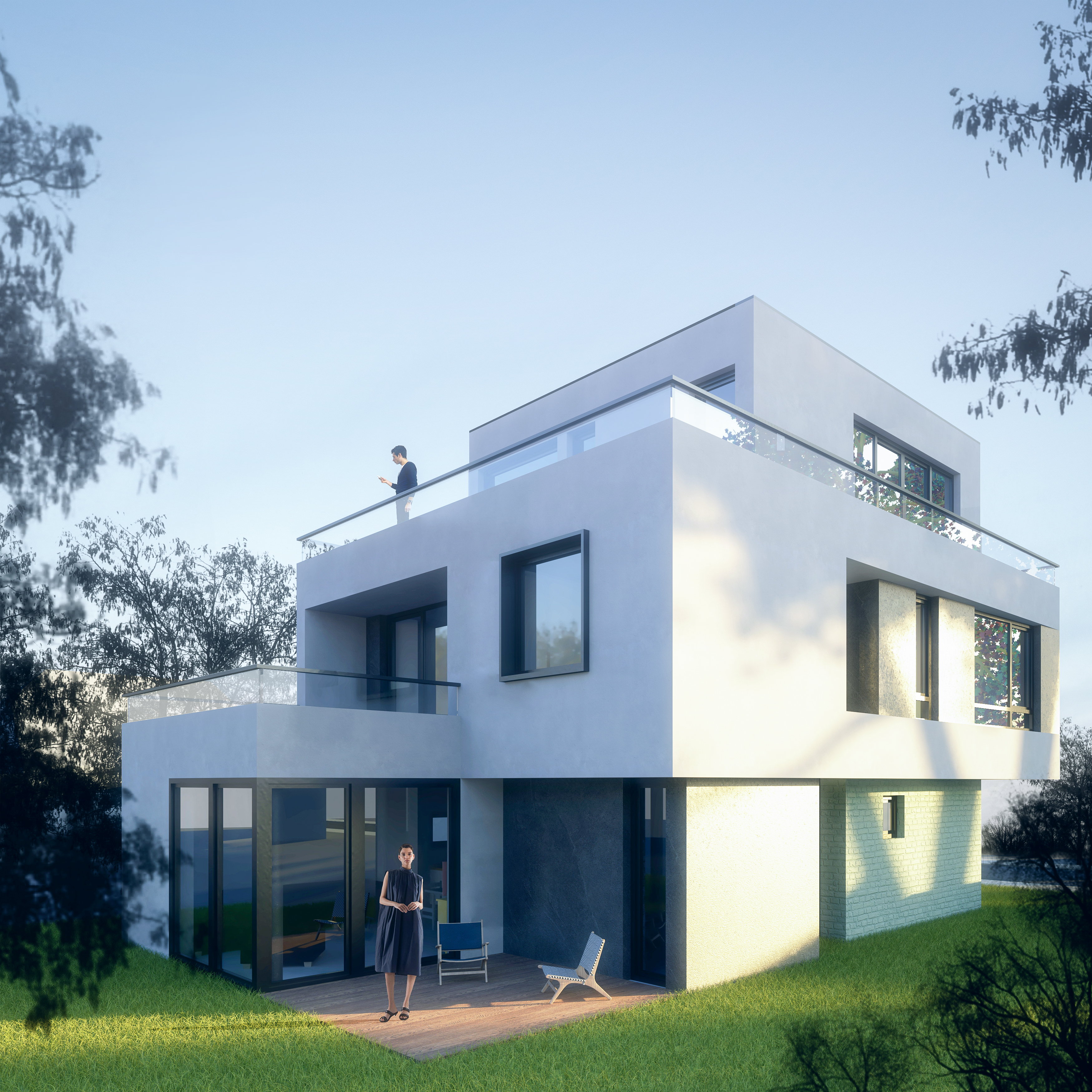 Perspektive vom Garten aus mit Terrasse, Balkon und Staffelgeschoss - Neubau eines Einfamilienhauses in Niederkassel-Lülsdorf.