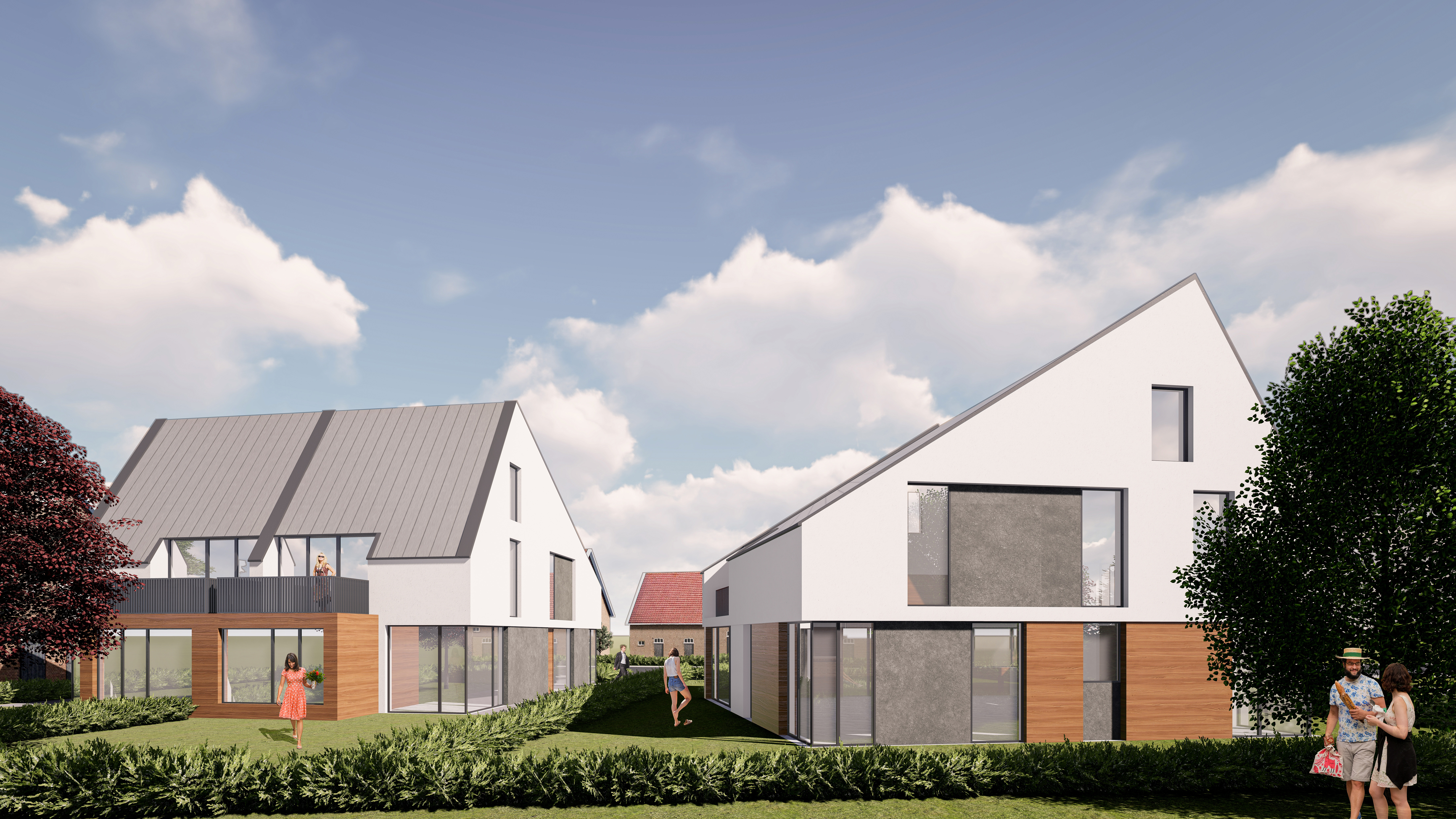 Ansicht beider Gebäude - Neubau eines Zweifamilienhauses und einer Doppelhaushalte in Troisdorf-Spich.