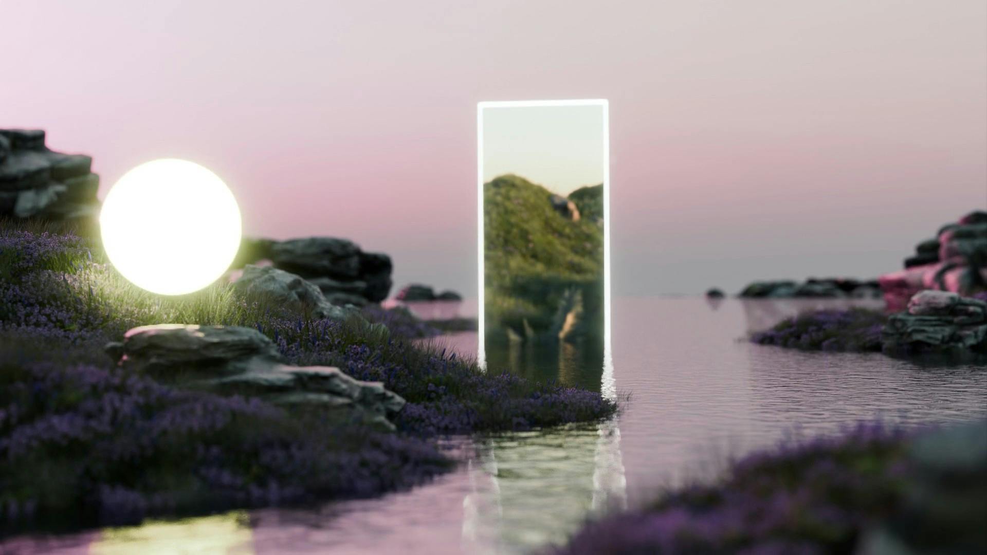 Intro shot of the orb travelling towards a mirror portal