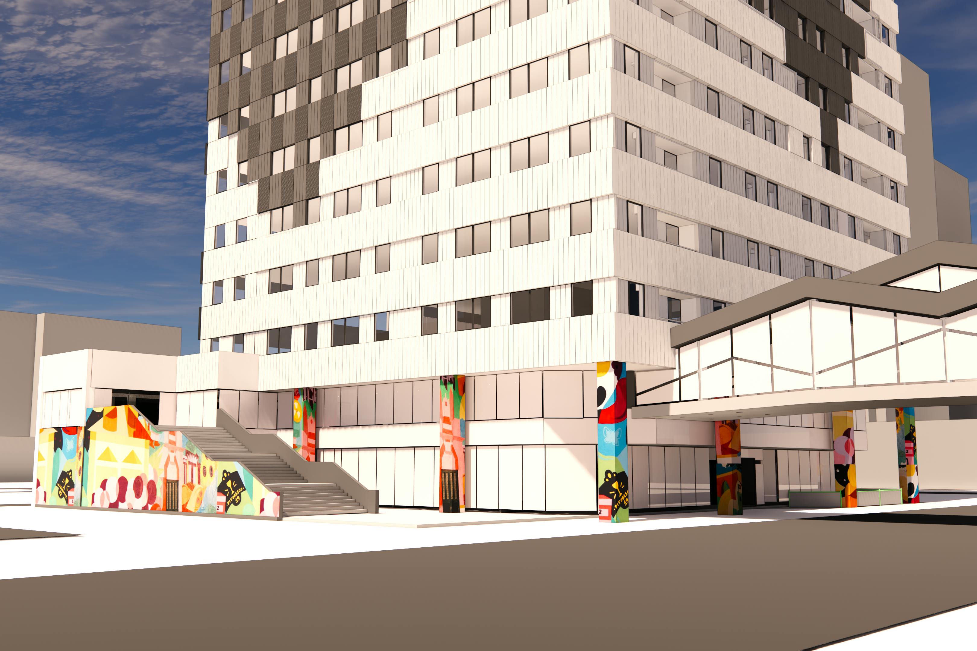 Rendering image of how an office building will look after being converted to mixed-use in Calgary