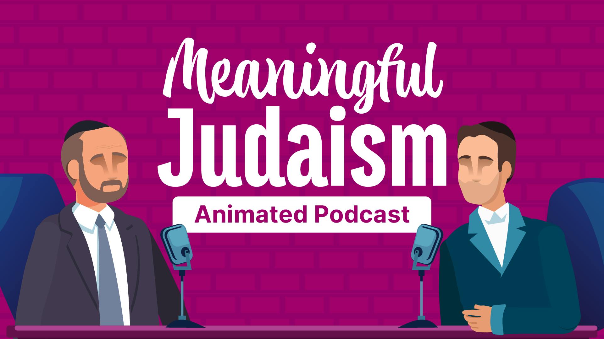 An illustration of Rabbi Fohrman and Imu Shalev sitting at a table with podcast microphones in front of them.