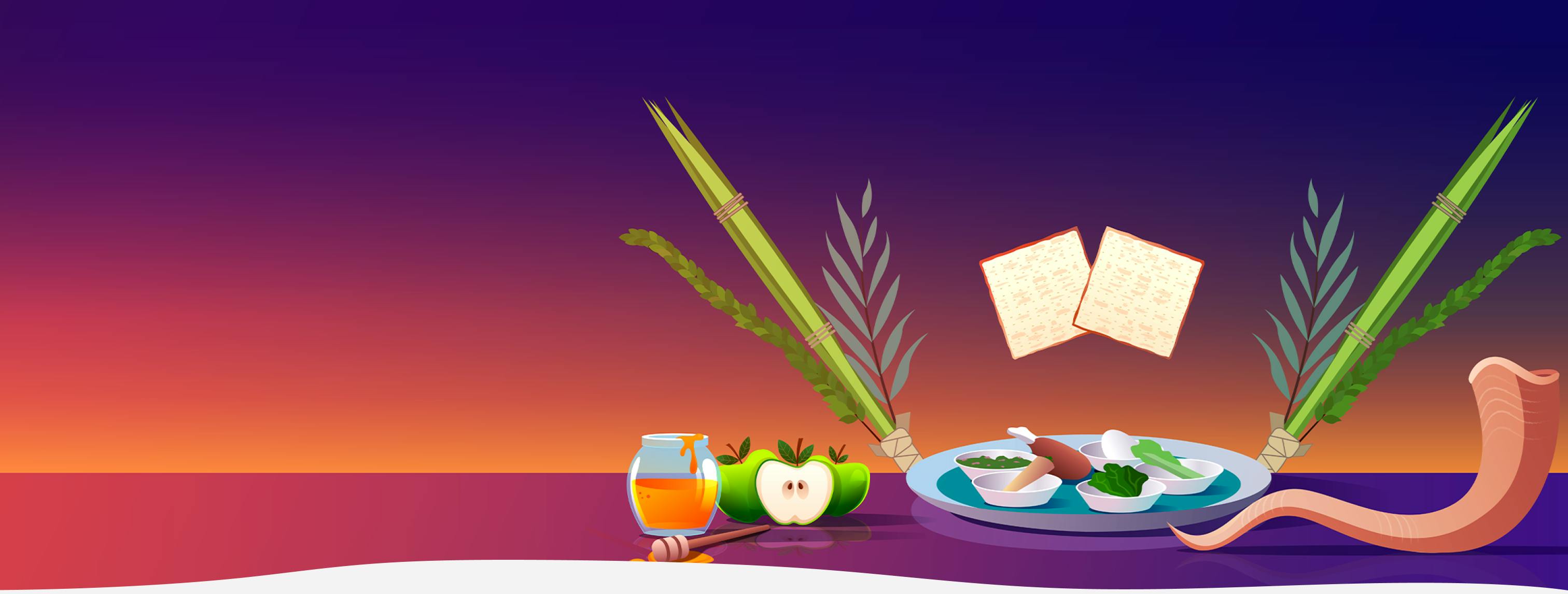 Traditional items from Jewish holidays, including apples and honey, lulav, seder and matzach, and a shofar. 