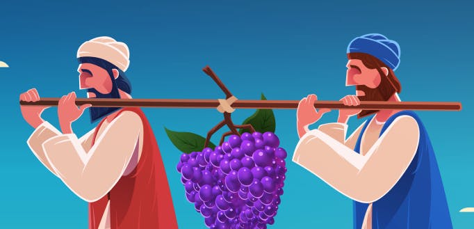 A graphic of two men (the spies) carrying a long rod with a large bunch of grapes hanging from it. Both men have dark hair and beards and are wearing light colored garments with colorful cloaks.