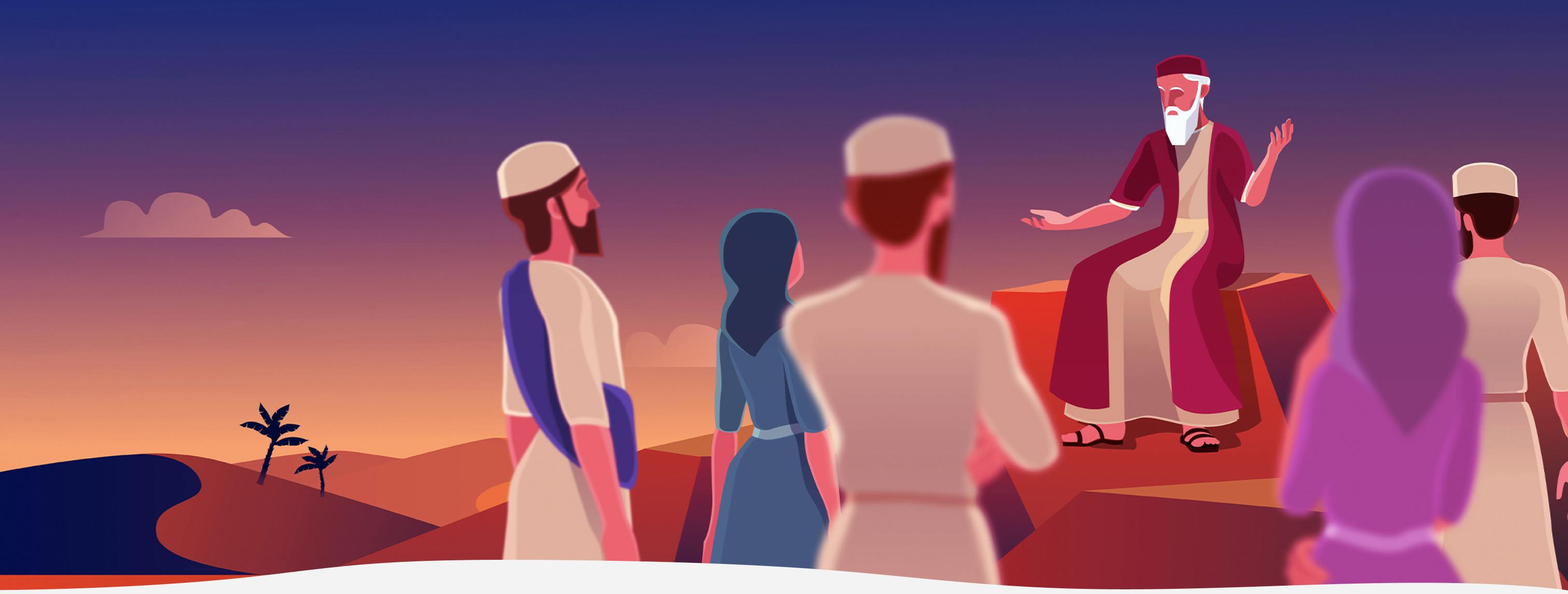 An illustrated graphic of Moses speaking to the Israelites. Moses is seen seated with his arms outstretched as five people look on.