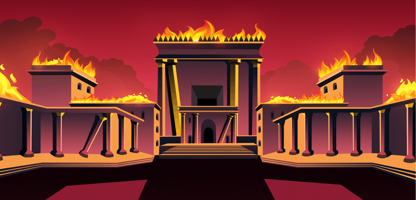 An illustrated graphic showing the Temple on fire.