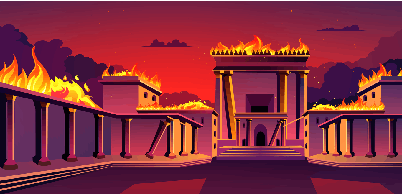 An illustrated graphic of the Temple with flames on the roof and a red sky.