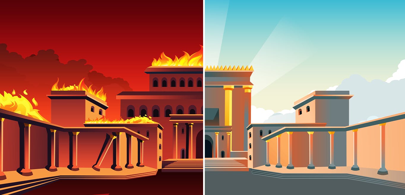 An illustrated graphic showing two images side-by-side. On the left is an illustration of the Temple on fire. On the right is an image of the rebuilt Temple.