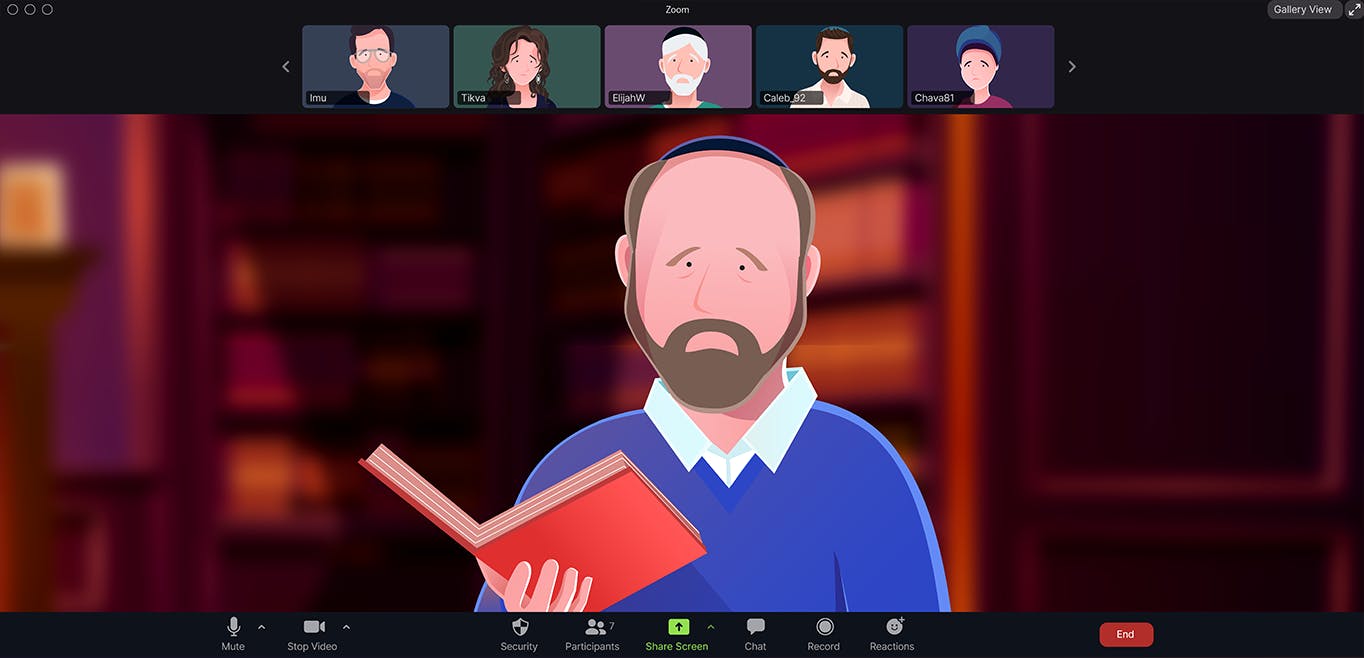 A graphic illustration of Rabbi Fohrman holding an open book leading a Zoom call. 