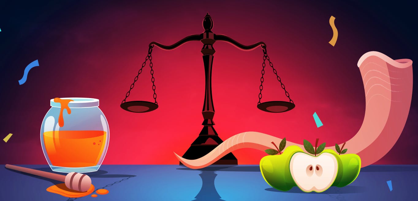 A colorful illustration featuring symbols of Rosh Hashanah. There is a glass jar filled with honey, three green apples, and a brown shofar sitting on a metal table. In the background are the scales of justice against a black wall illuminated by red light.  