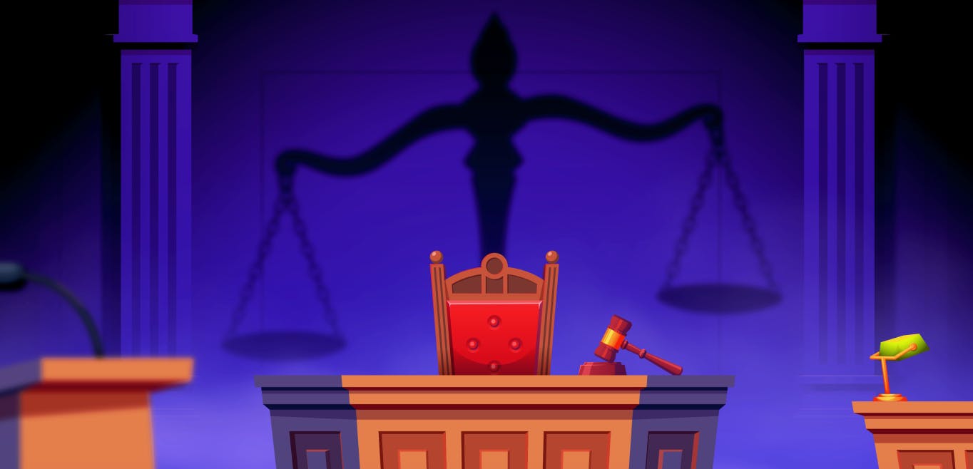 An illustration of the interior of a courtroom. There is a podium, desk, and judge's bench with a gavel. The background is a dark scales of justice.