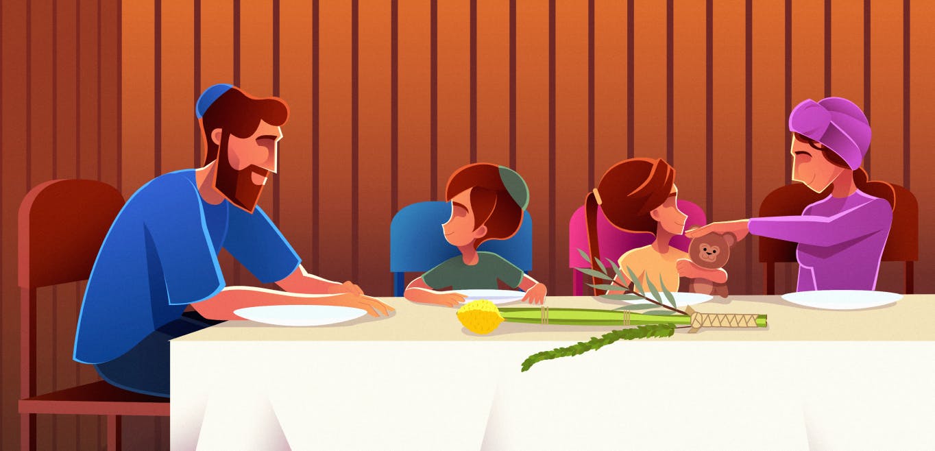 An illustration of a family with a mother, father, son, and daughter sitting at a table. 