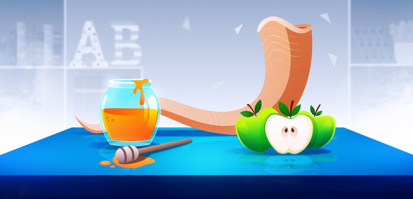 An illustration of the symbols of Rosh Hashanah including honey, apples, and a shofar sitting on a table. 