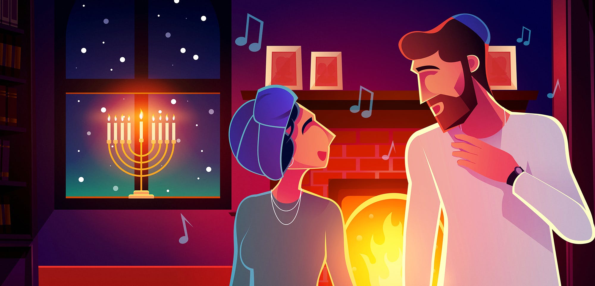 An illustration of a man and woman standing in front of a fireplace with a hanukkiyah that is sitting on a windowsill. 