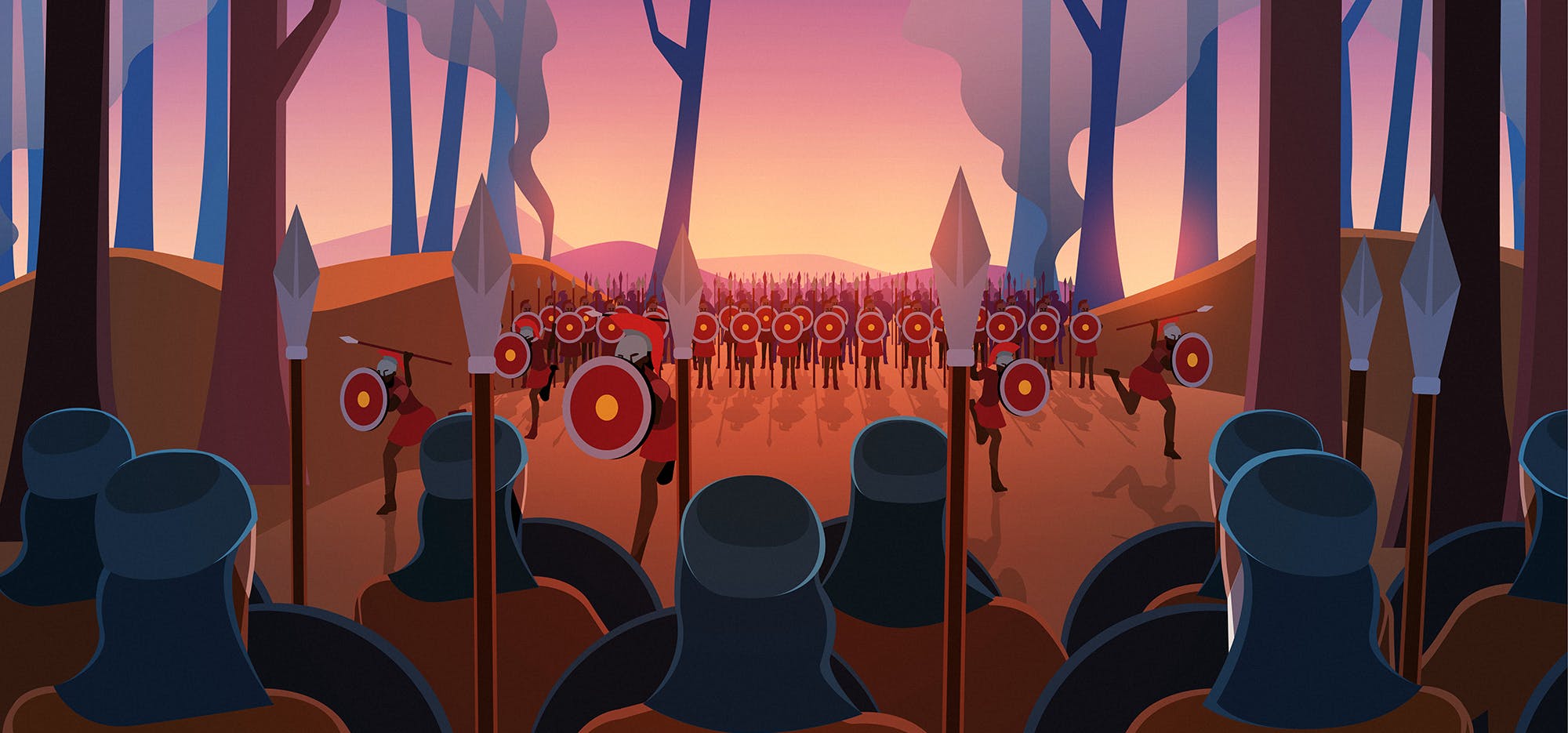 An illustration showing two opposing armies in the middle of a forest. They have shields and spears and are wearing military garb.