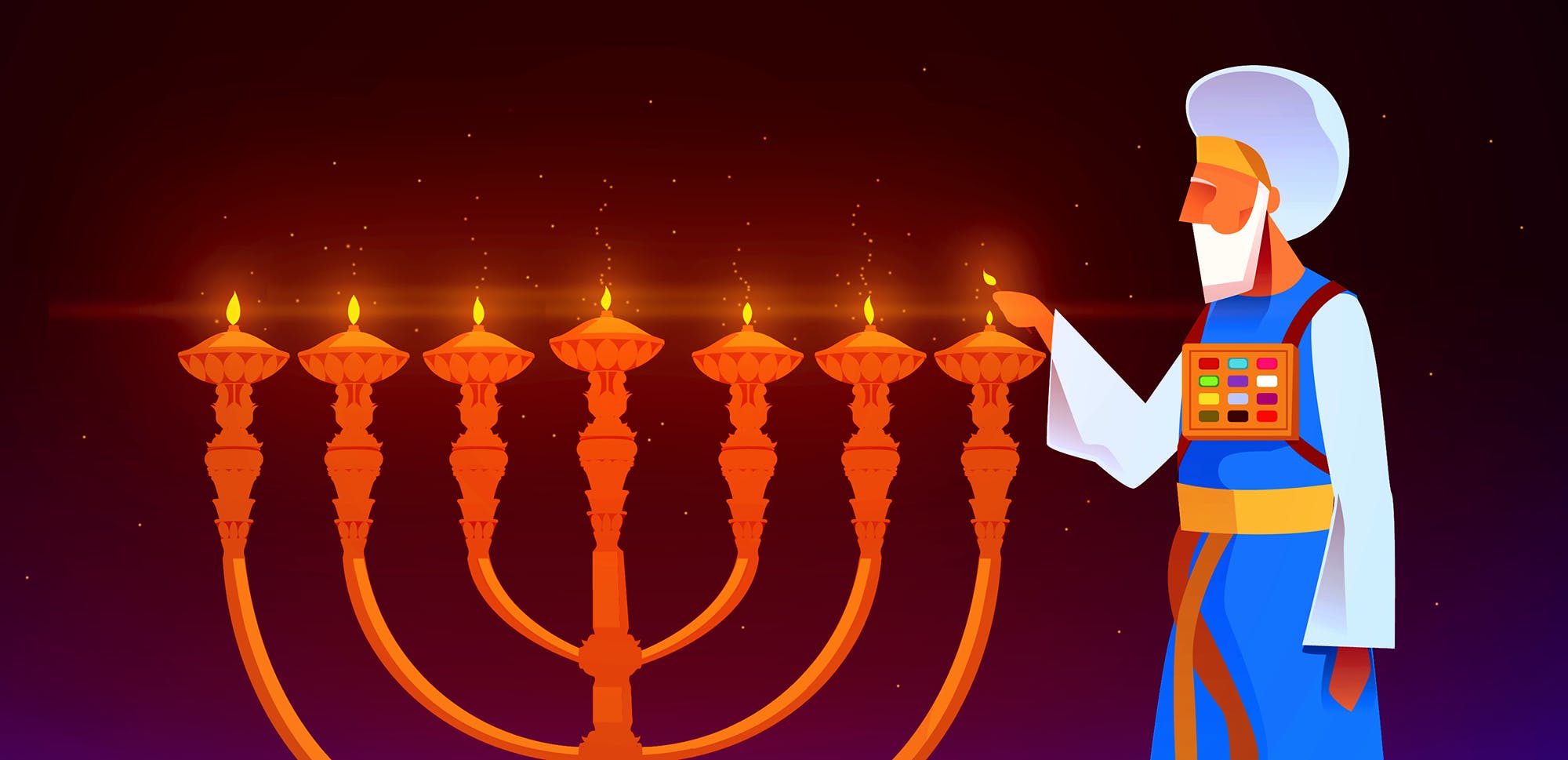 An illustration of a high priest lighting a menorah.