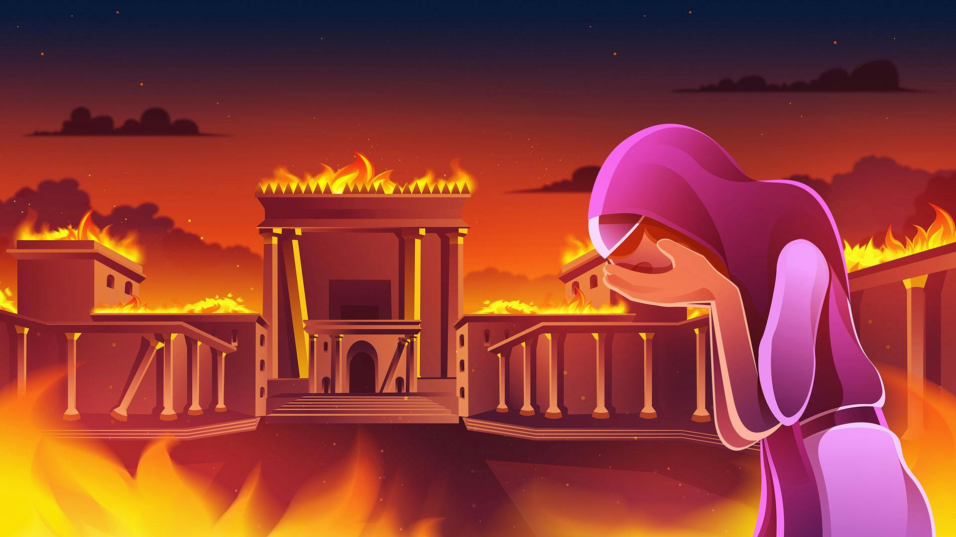 An illustrated graphic of the Temple with flames on the roof. Rachel stands in the foreground crying. She is wearing a pink dress and headscarf.