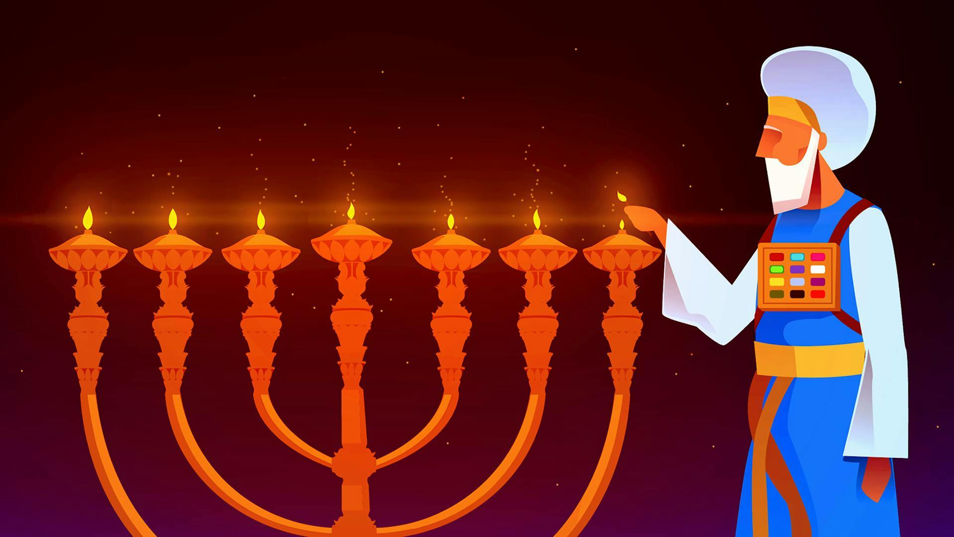 An illustration of a high priest lighting a menorah.