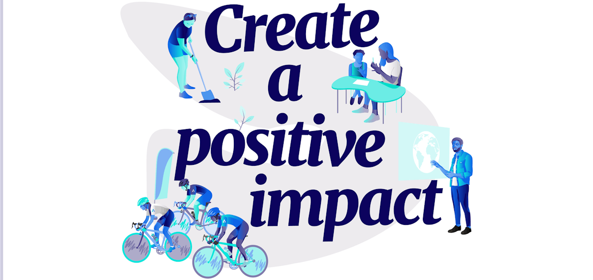 illustration of Alfa's value: "create a positive impact", featuring people educating, cycling and planting trees