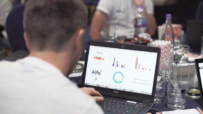 Alfa employee on a laptop looking at a screen