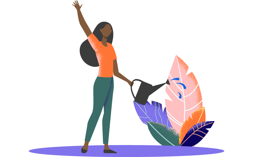 Colourful illustration showing a woman watering a plant
