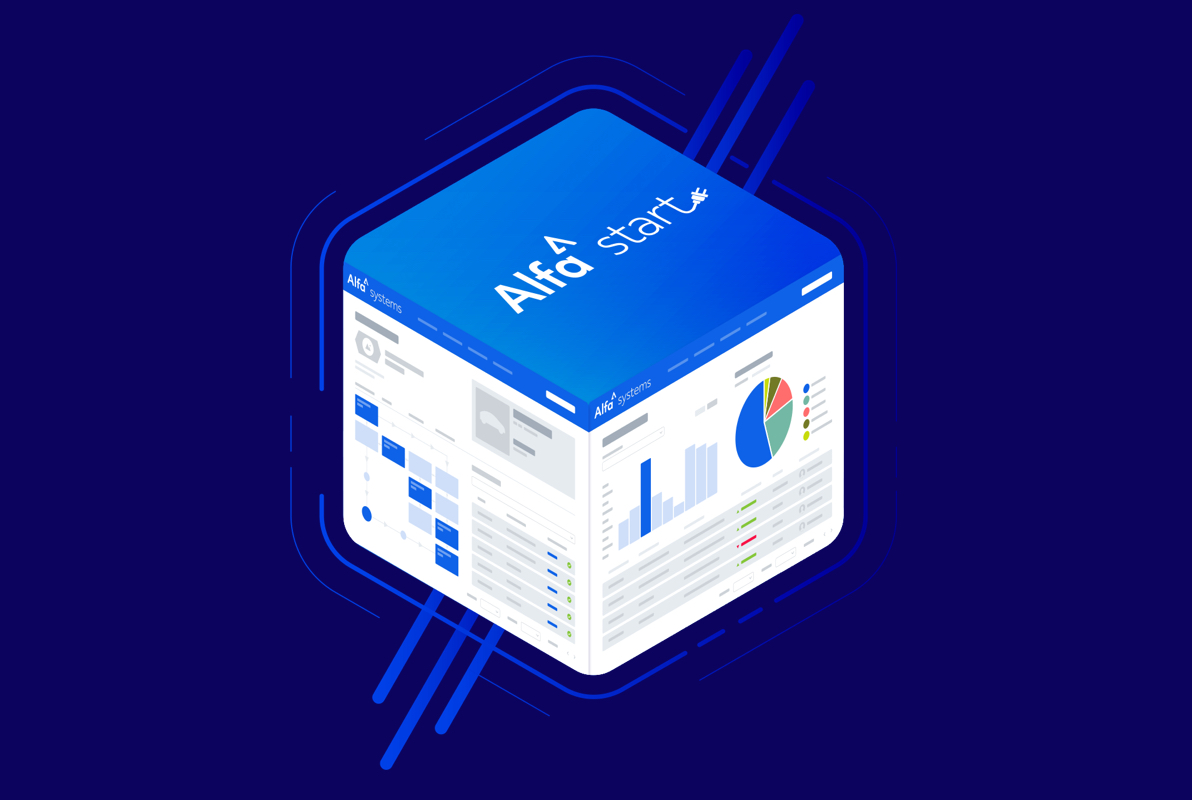 Alfa Start cube graphic showing product illustrations on the sides