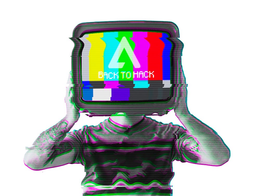 a person with a tv for a head, which says "back to hack" on the screen