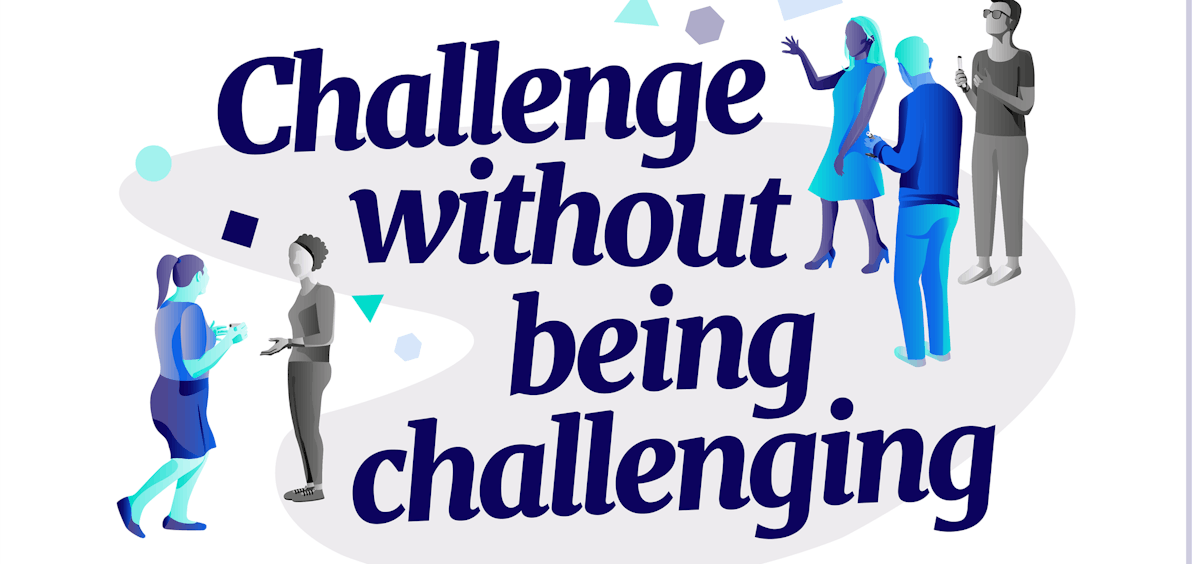 illustration of Alfa's value: "challenge without being challenging", featuring people having constructive discussions