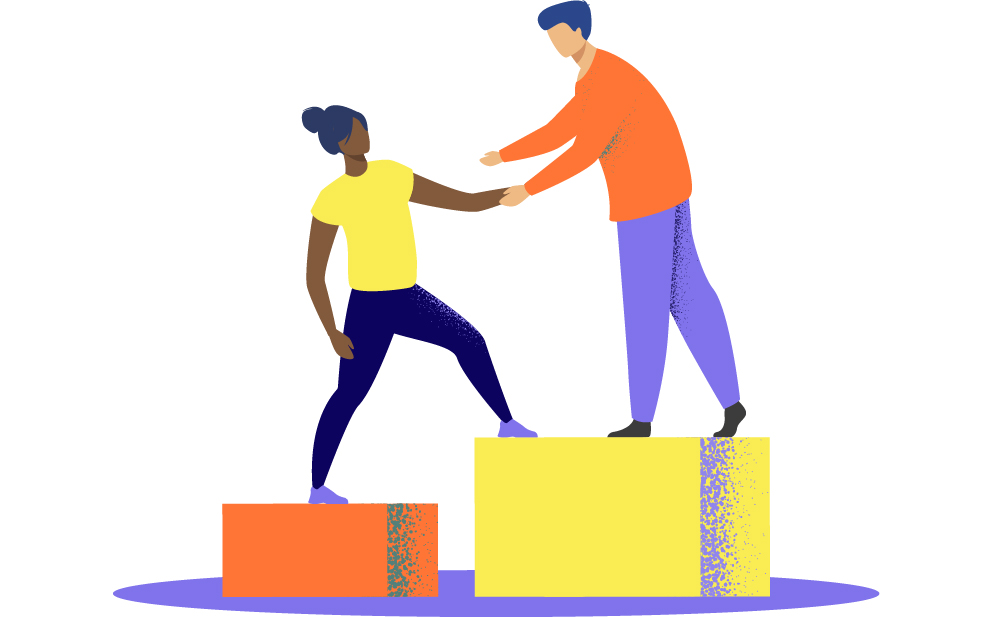 Colourful illustration showing a person helping another person up a block