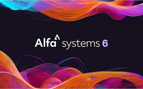 Alfa Systems 6 logo on dark background with colours swirls
