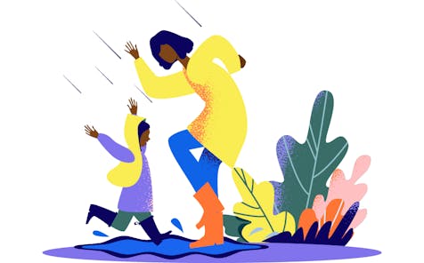 Colourful illustration showing a woman splashing with a child in a puddle