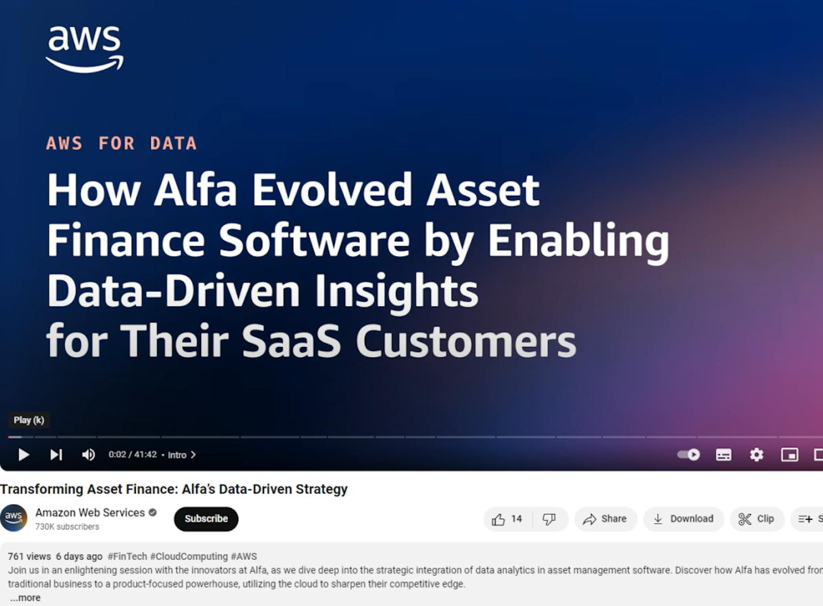 AWS for Data YouTube page title - How Alfa Evolved Asset Finance Software by Enabling Data-Driven Insights for their SaaS Customers