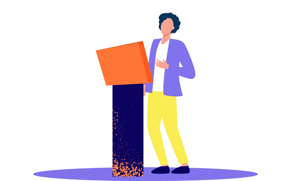 Colourful illustration of a character talking at an event