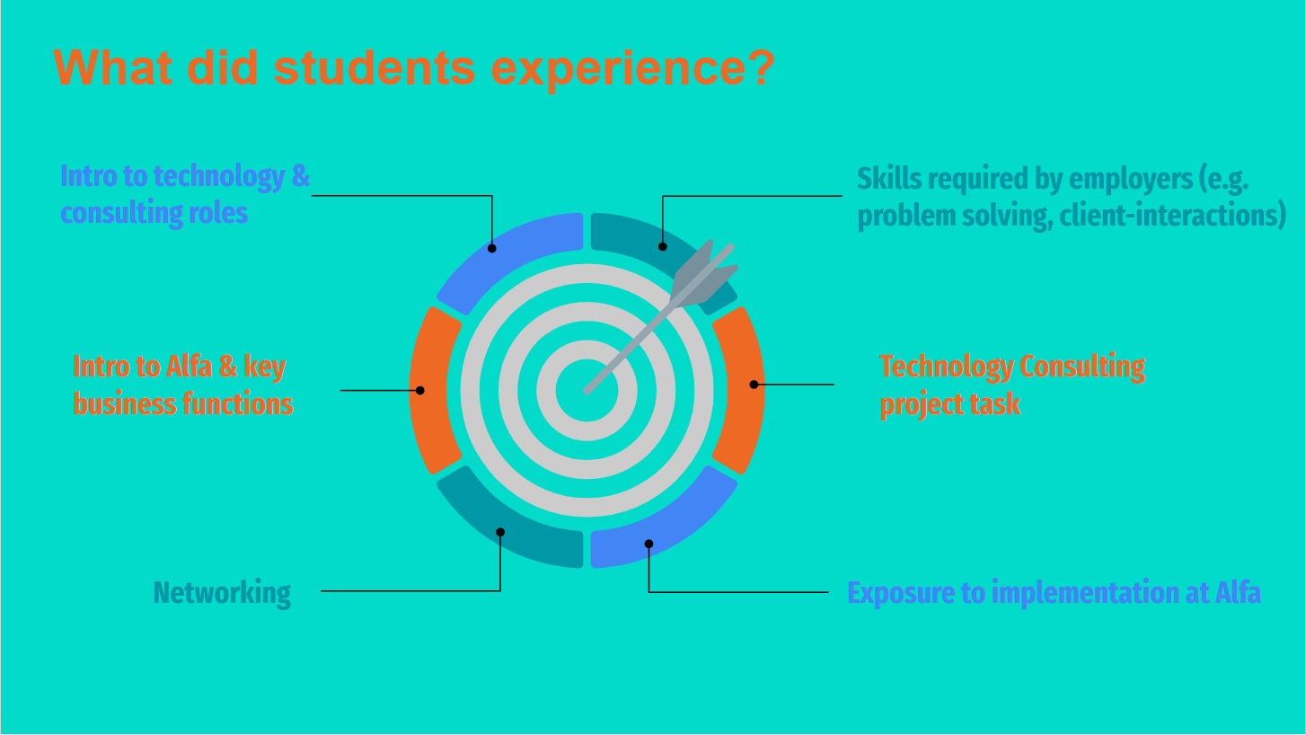 a chart showing student work experience, in equal parts introduction to technology and consulting roles; intro to alfa and key business functions; networking; skills required by employees); technology consulting project task; exposure to implementation at alfa