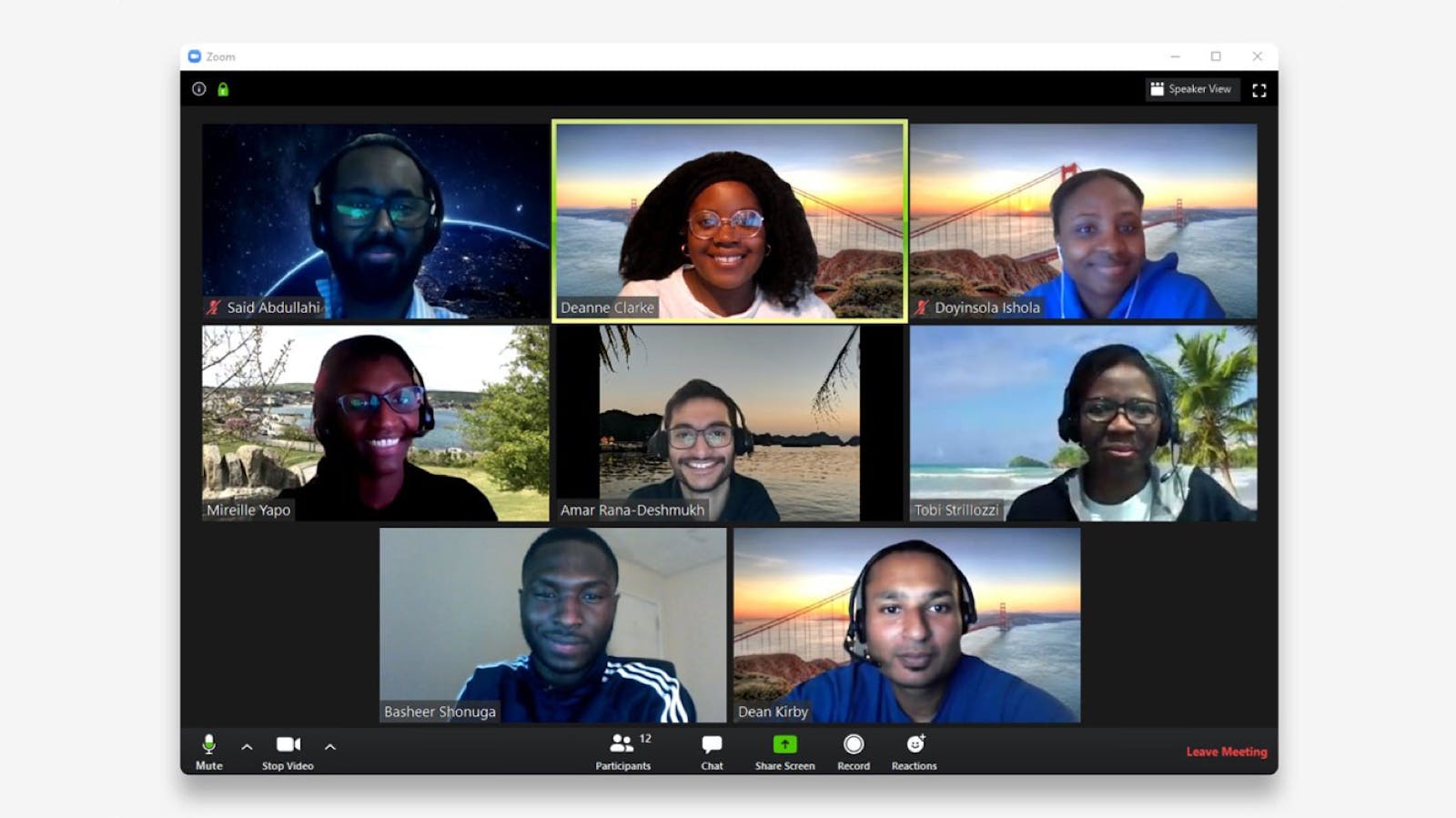 Alfa for racial equity - a zoom screen showing eight Alfa employees - Said Abdullahi, Deanne Clarke, Doyinsola Ishola, Mireille Yapo, Amar Rana-Deshmukh, Tobi Strillozzi, Basheer Shonuga, Dean Kirby