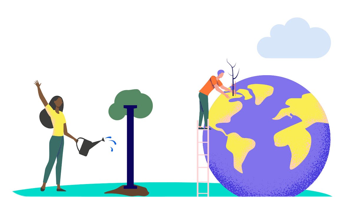 illustration of people planting and watering trees