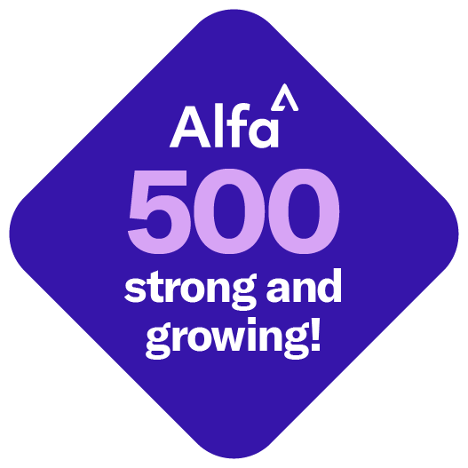 a badge saying alfa has reached 500 employees