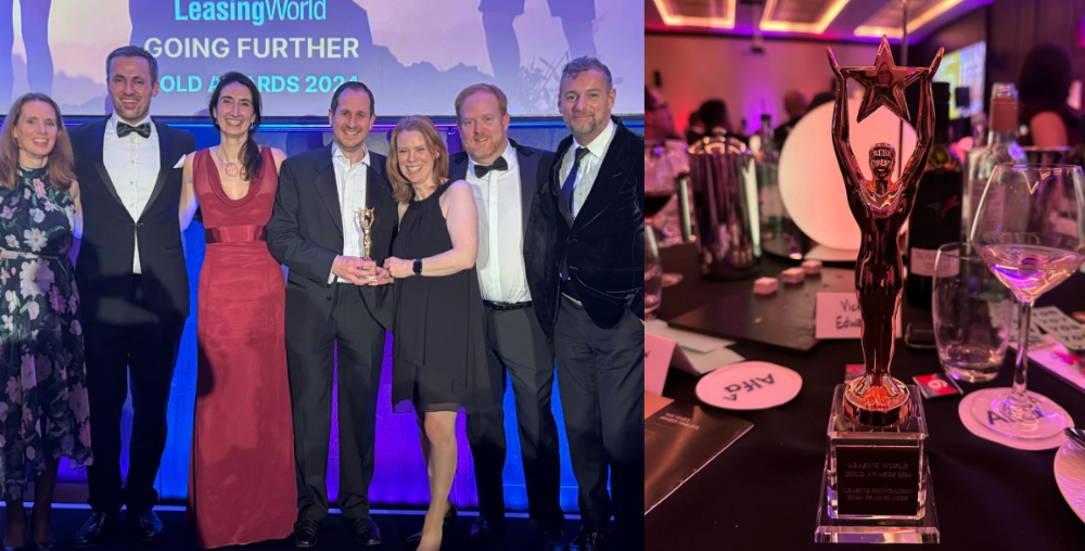 LeasingWorld Gold Awards 2024 Event - image of Alfa team accepting award and image of the trophy side-by-side