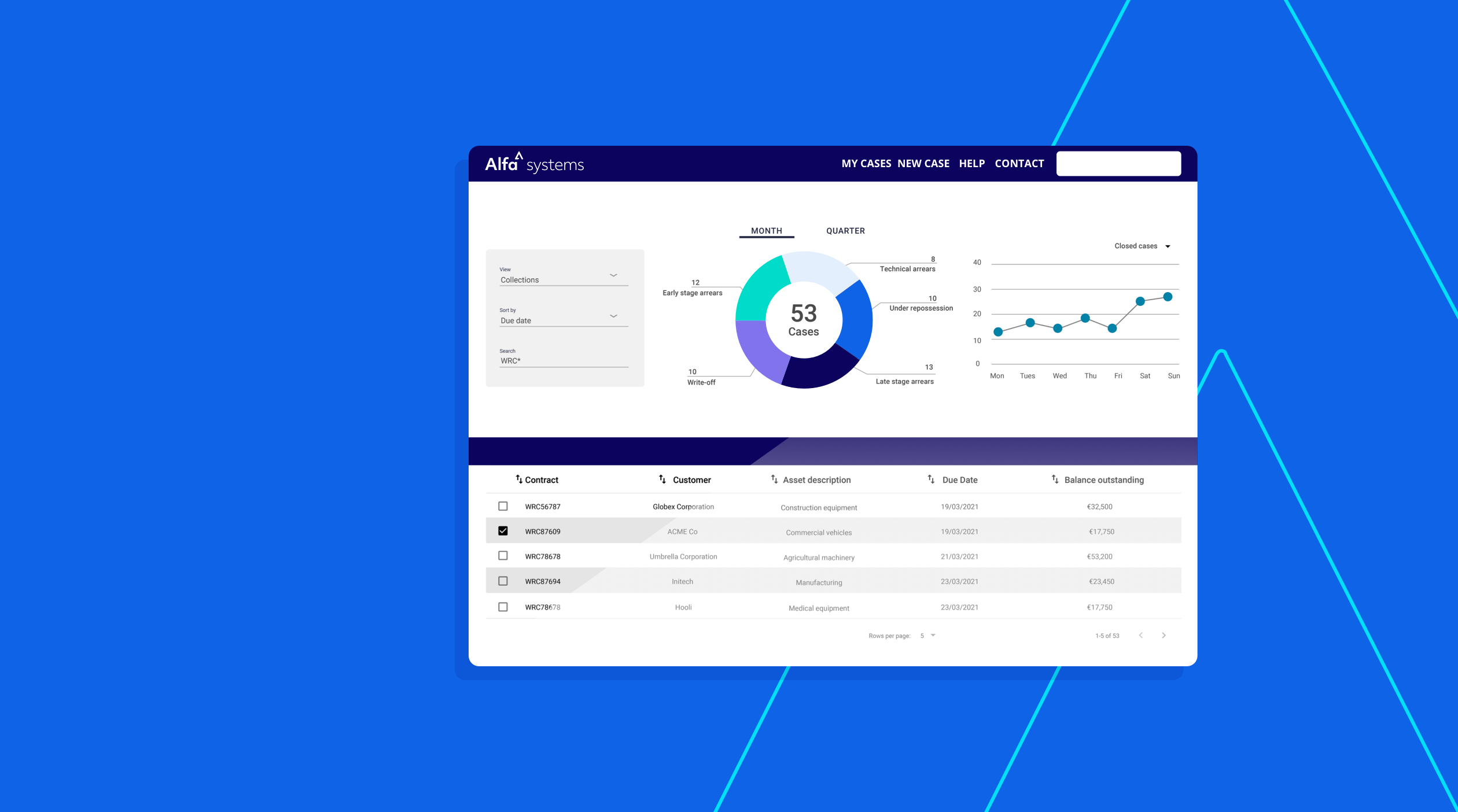 Alfa Systems screenshot with pie chart and tables