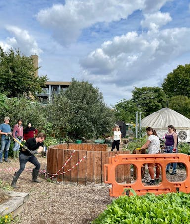 Some accountants dismantling an above-ground pond