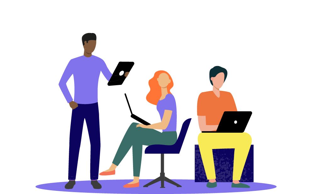 Colourful illustration of characters on computers