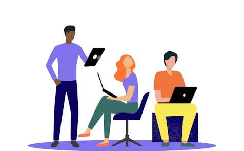 Colourful illustration of characters on computers