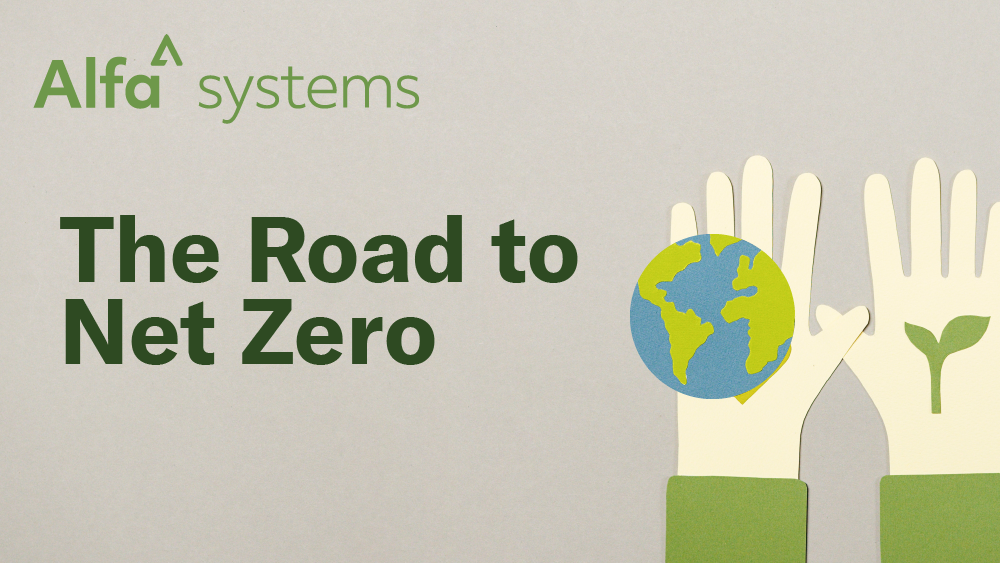 A graphic depicting the earth, some helping hands and the title "The Road to Net Zero"