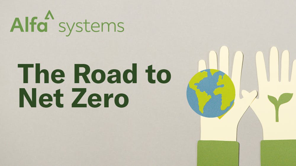 A graphic depicting the earth, some helping hands and the title "The Road to Net Zero"