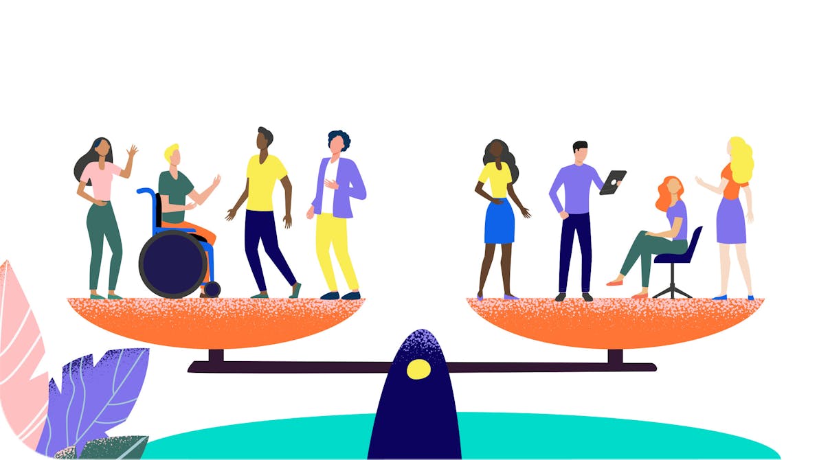 illustration of two groups of people on scales