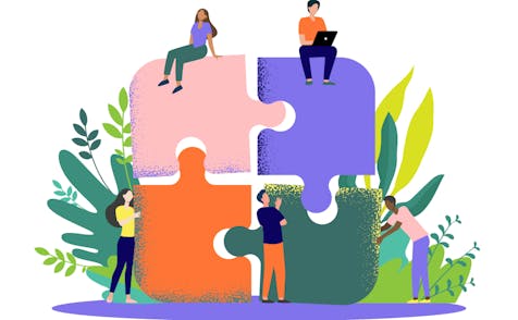 Colourful illustration showing a individuals sitting on four jigsaw puzzle pieces