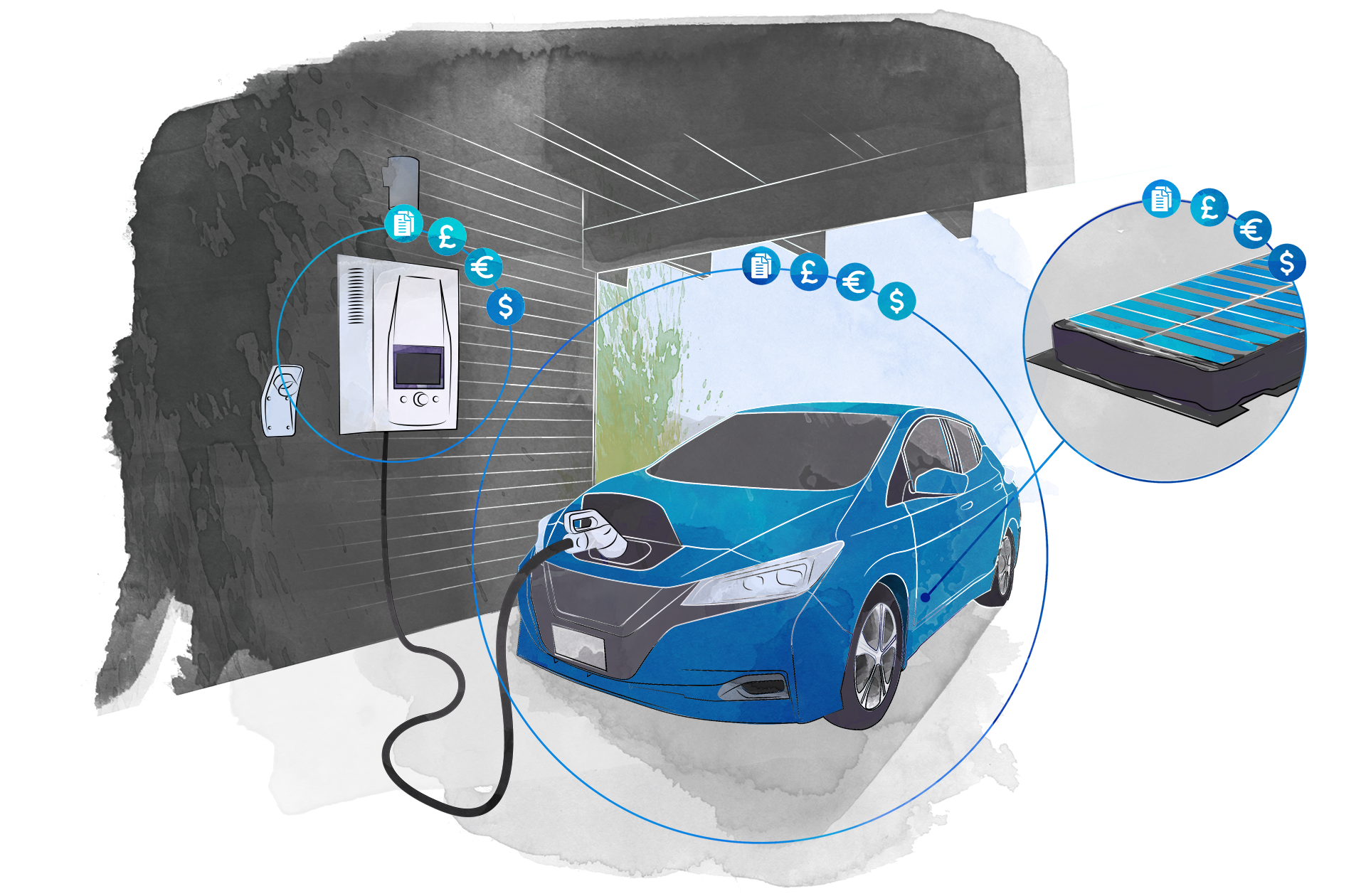 An image of an electric car in a garage with wall charger and close-up of the battery