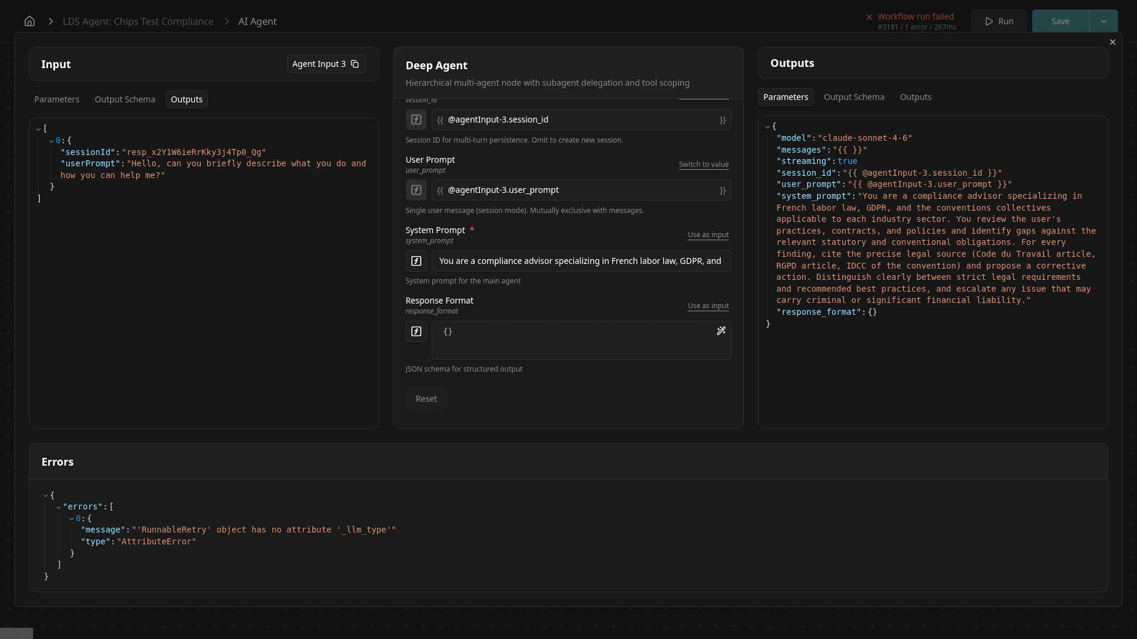A Deep Agent node's configuration: a system prompt that reads "You are a compliance advisor specialising in French labour law, GDPR…