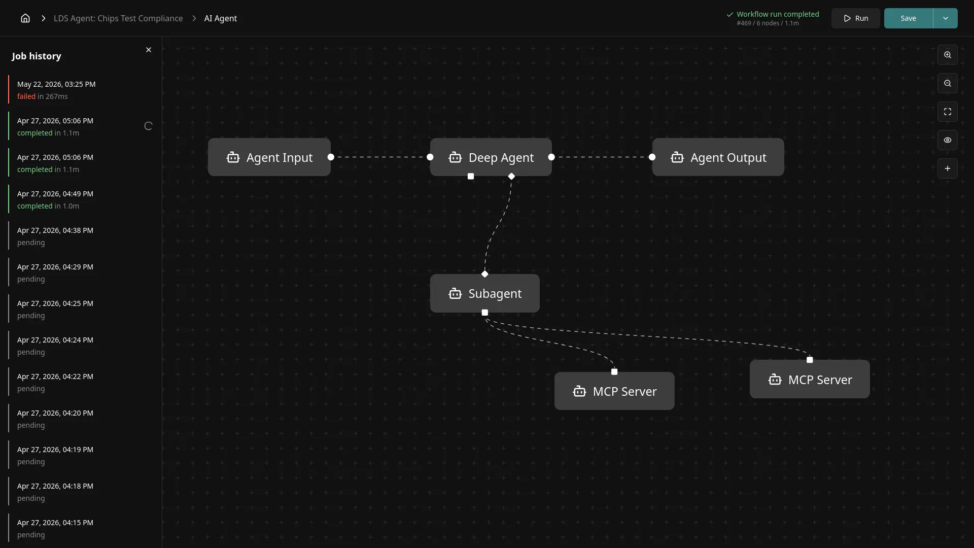 The Alien no-code workflow editor: an Agent Input to Deep Agent to Agent Output graph, with a Subagent wired down to two MCP Server tool nodes.