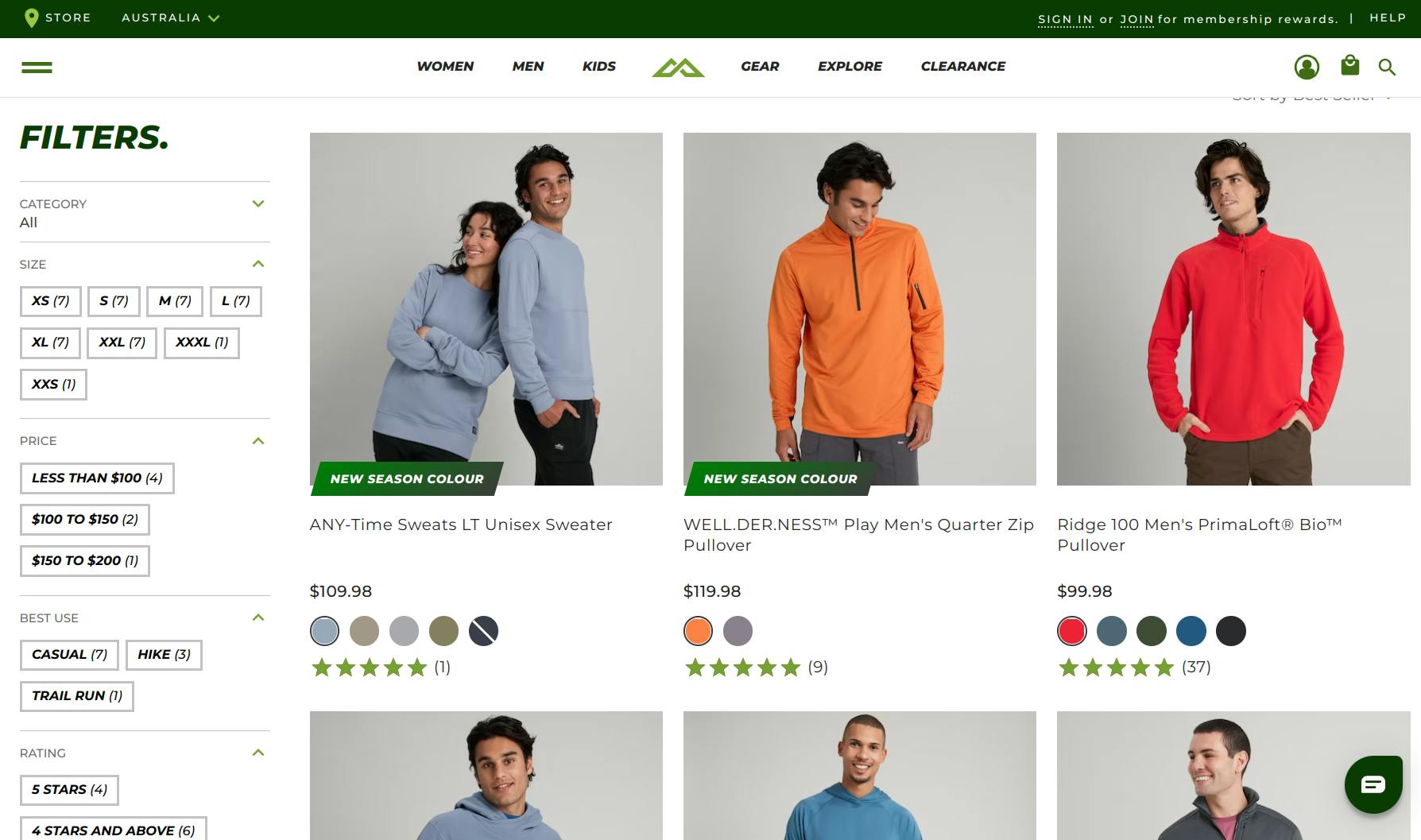 Kathmandu website product listing page